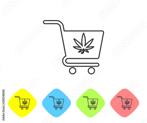 Grey line Shopping cart with marijuana or cannabis leaf icon isolated on white background. Online buying. Delivery service. Supermarket basket. Set icons in color rhombus buttons. Vector Illustration