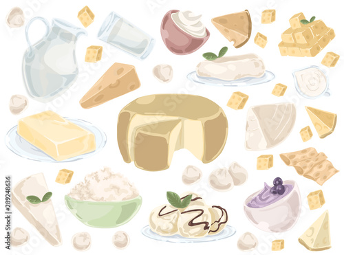 Doodle set of dairy products on a white background. Vector illustration design.