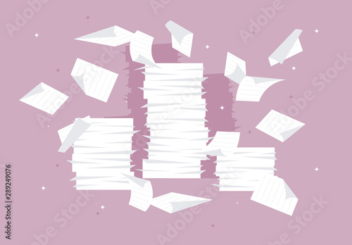 Vector illustration of stacks of paper flying around sheets of paper