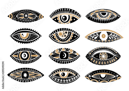 Set eyes mystic hand draw.Occult mystic emblem.Evil Seeing eye symbol naive set.