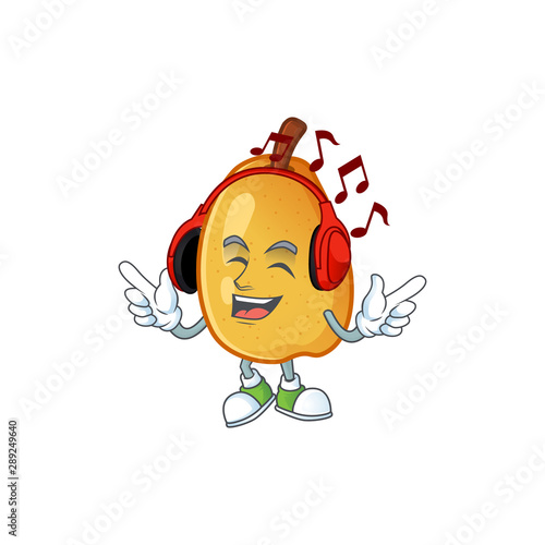 Listening music ripe fragrant pear fruit cartoon character