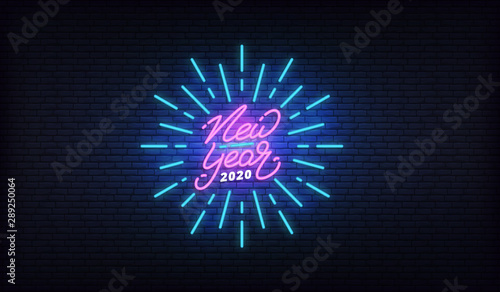 New Year 2020 neon design. New Year glowing neon lettering signboard template
