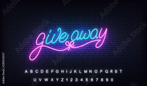 Giveaway neon design. Glowing lettering billboard sign for social media marketing give away