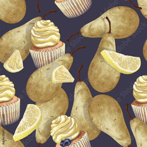 Vector of seamless pattern scattered lemons, pears, crumbly gentle wet biscuit cupcakes, stunning cream soft air cheese cream, beige color, taste vanilla. Light paper cake mold got wet from the cake