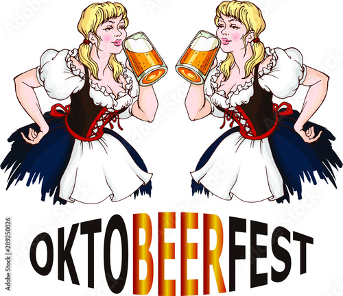 Vector set with blond girls tweens drinking beer and wearing traditional bavaria female clothes. Octoberfest.