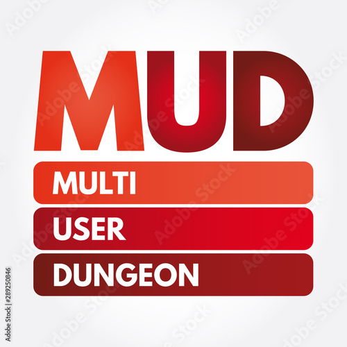 MUD - Multi User Dungeon acronym, technology concept background