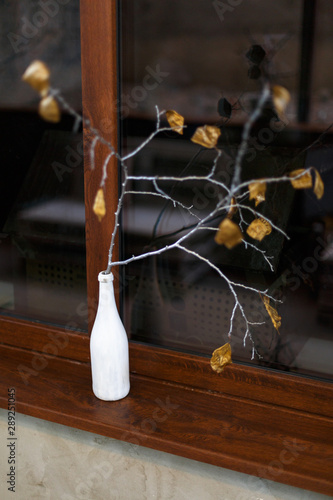 A branch with leaves in a white bottle stands on windowsill.