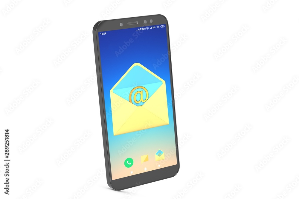 3d illustration: New message in mail program on mobile phone screen. Golden email symbol in open yellow-blue envelope. Isolated on white background. 3d illustration: New message in mail program on mobile phone screen. Golden email symbol in open yellow-blue envelope. Isolated on white background.