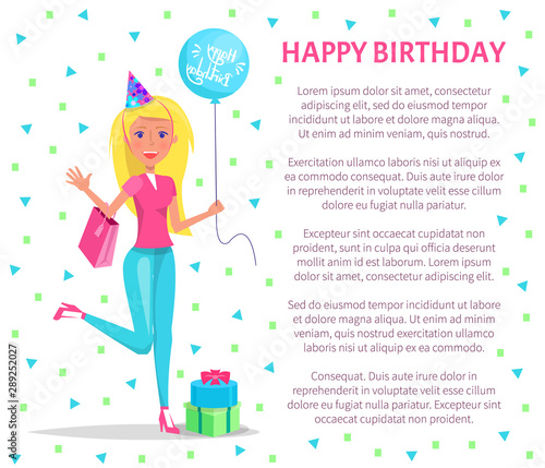 Happy birthday poster, blonde woman do shopping for birthday party. Girl with bag and balloon, gift boxes, in festive cap. Female ready to wish happy anniversary vector