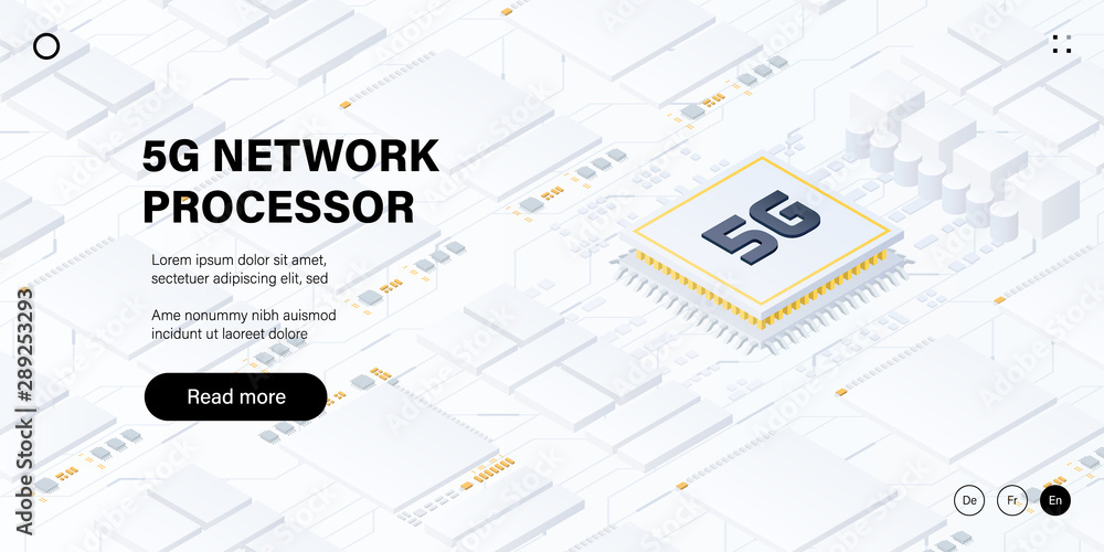 5G network processor clean white illustration. Mobile wireless internet of next generation. Isometric futuristic hi-tech smartphone with big letters. Web page design template 5G network processor clean white illustration. Mobile wireless internet of next generation. Isometric futuristic hi-tech smartphone with big letters. Web page design template