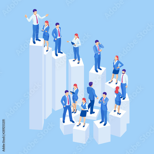 Isometric business people on the steps of success and career. Control, support and making decision concept illustration