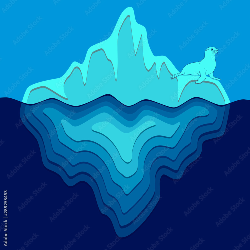 Fototapeta Illustration with iceberg and fur seal. Vector colored background.