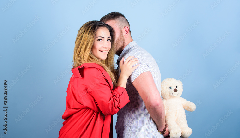 Surprise for sweetheart. Soft toy teddy bear gift. Surprise gift concept. Surprising her. Handsome man and pretty girl in love. Man and woman couple in love. Romantic surprise. Valentines day holiday Surprise for sweetheart. Soft toy teddy bear gift. Surprise gift concept. Surprising her. Handsome man and pretty girl in love. Man and woman couple in love. Romantic surprise. Valentines day holiday
