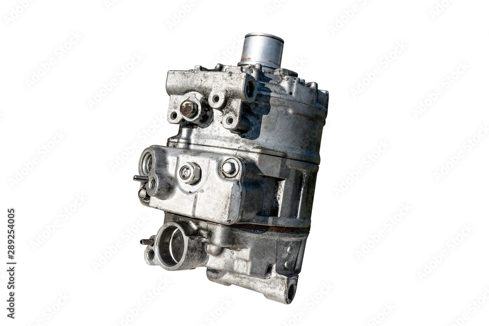 Old air conditioning compressor used in the car, isolated on a white background with a clipping path. Old air conditioning compressor used in the car, isolated on a white background with a clipping path.