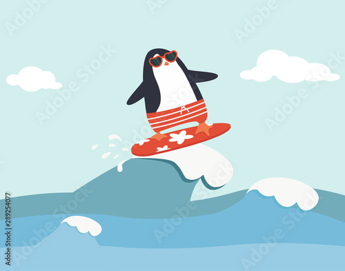 Cute penguin surfing waves vector