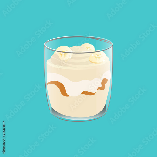 Banana pudding. Healthy vegan snack in glass. Vector illstration isolated on blue background.