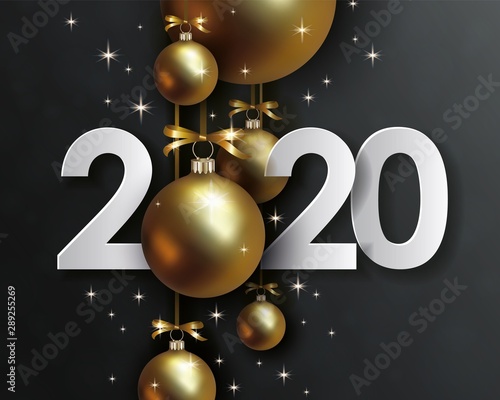 2020 Happy New Year, creative date design. White volumetric numbers with 3d golden christmas balls hanging on ribbons on black background. Vector illustration EPS10