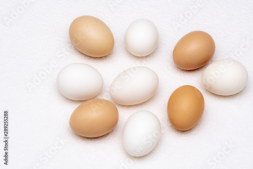 Whole white and brown eggs spread on a white surface