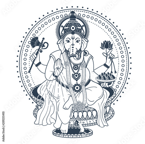 Fotografie, Obraz Ganesh Puja linear style icon black