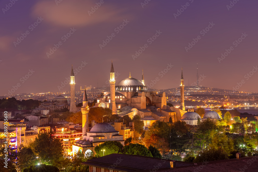 Hagia Sophia evening view, beautiful skyline of Istanbul, Turkey