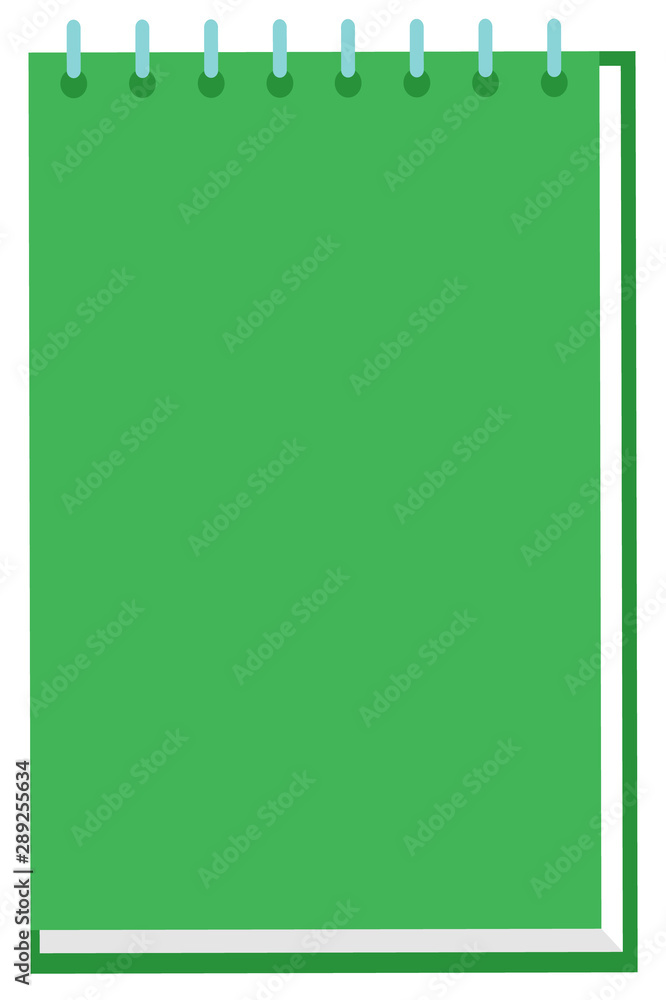 Green notebook vector illustration with metal spiral in schoolbag for school education. Exercise book for schoolchildren to write study material and make notes on fields