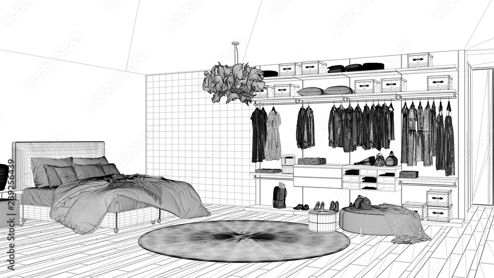 Blueprint project draft, luxury modern bedroom with walk-in closet with ...