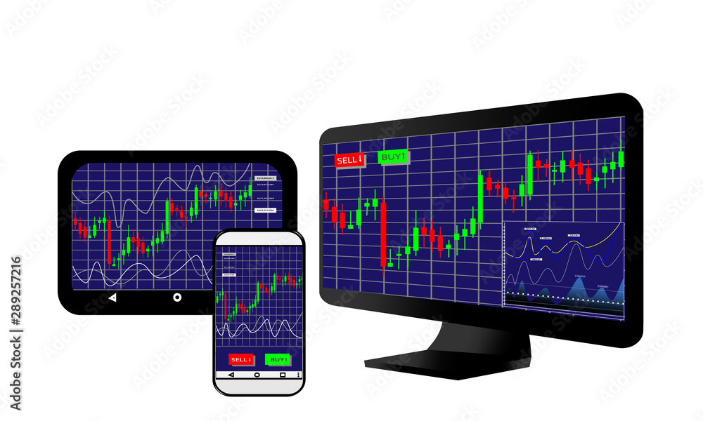 Trading technology concept, stock market charts, device screens. Trading technology concept, stock market charts, device screens.
