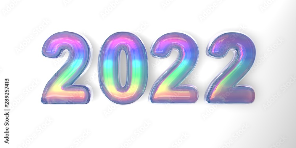 3D text of the letter 2022 year in the style of soap bubbles with a rainbow tint on a white background 3D text of the letter 2022 year in the style of soap bubbles with a rainbow tint on a white background