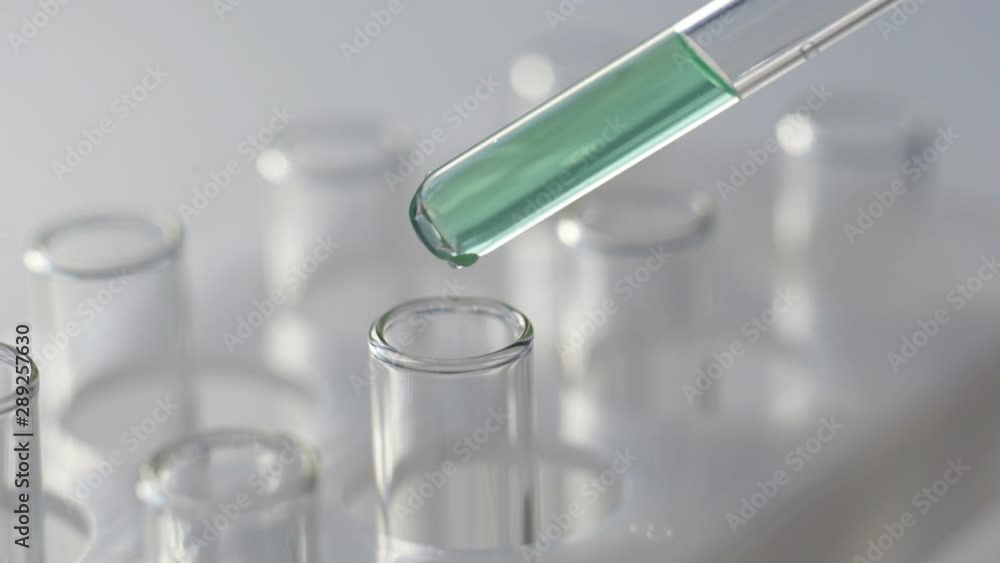 In a laboratory, a scientist with a pipette analyzes a colored liquid In a laboratory, a scientist with a pipette analyzes a colored liquid
