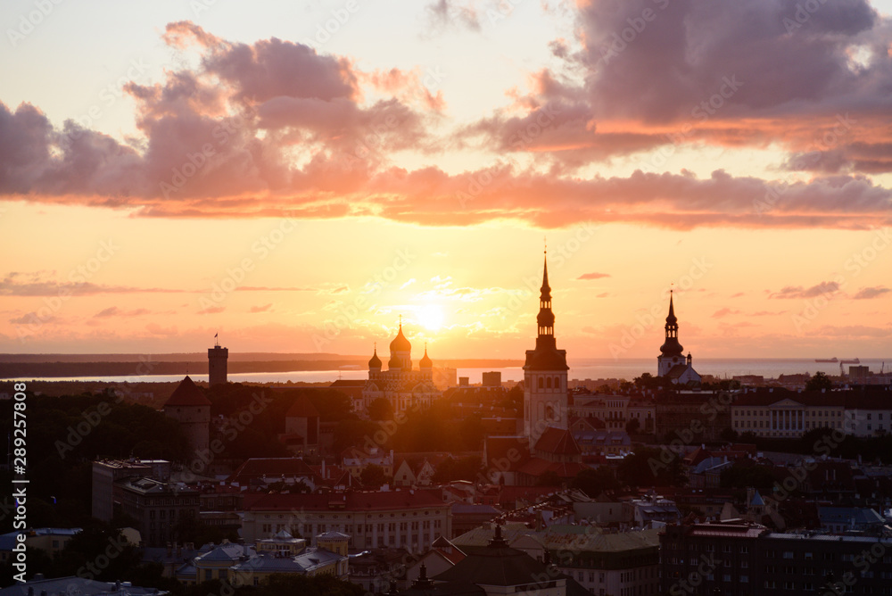Tallinn old town top view at sunset