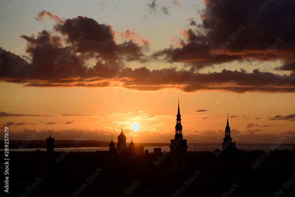 Tallinn old town silhouette at sunset