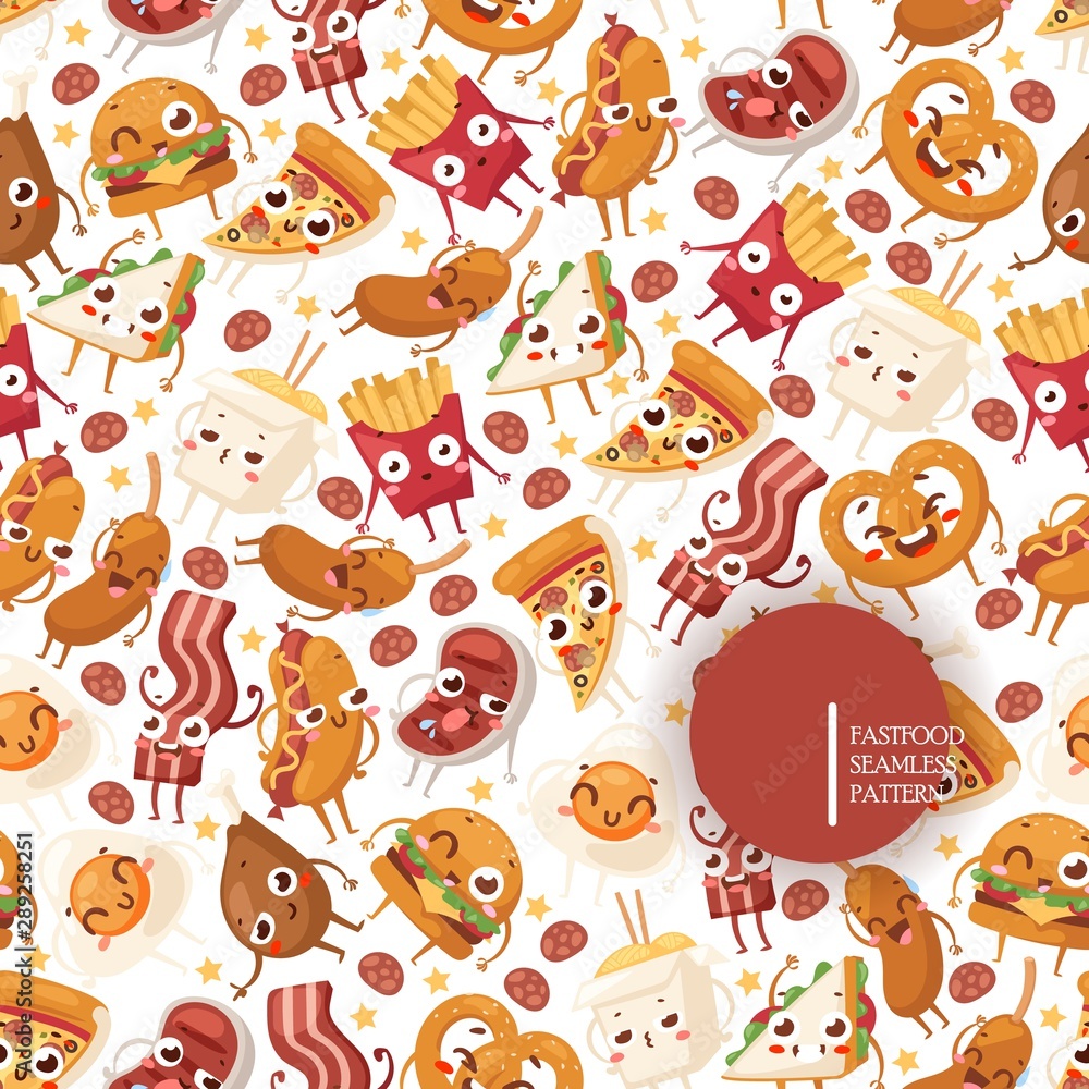 Fototapeta premium Fast food funny cartoon characters, vector illustration. Seamless pattern with junk food icons, isolated on white background. Unhealthy snacks, take away street food