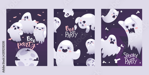 Halloween night party invitation ghosts, vector illustration set banners. Flying spirits with various emotions, funny cartoon characters. Screaming angry, smiling and happy ghosts on halloween party