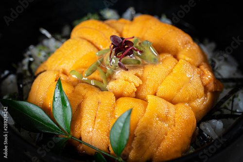 Uni Don on the table in the Japanese restaurant.