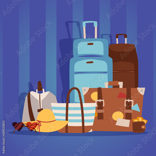 Travel bags packed for summer vacation on the seaside, vector illustration. Various baggage suitcases ready for departure. Travel background in cartoon style