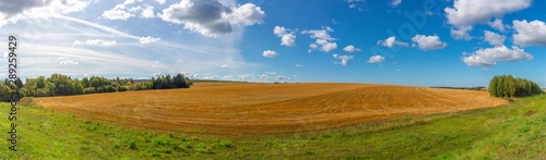 Panorama of the field after harvesting grain. Zavyalovsky district, Udmurt Republic, Russia.