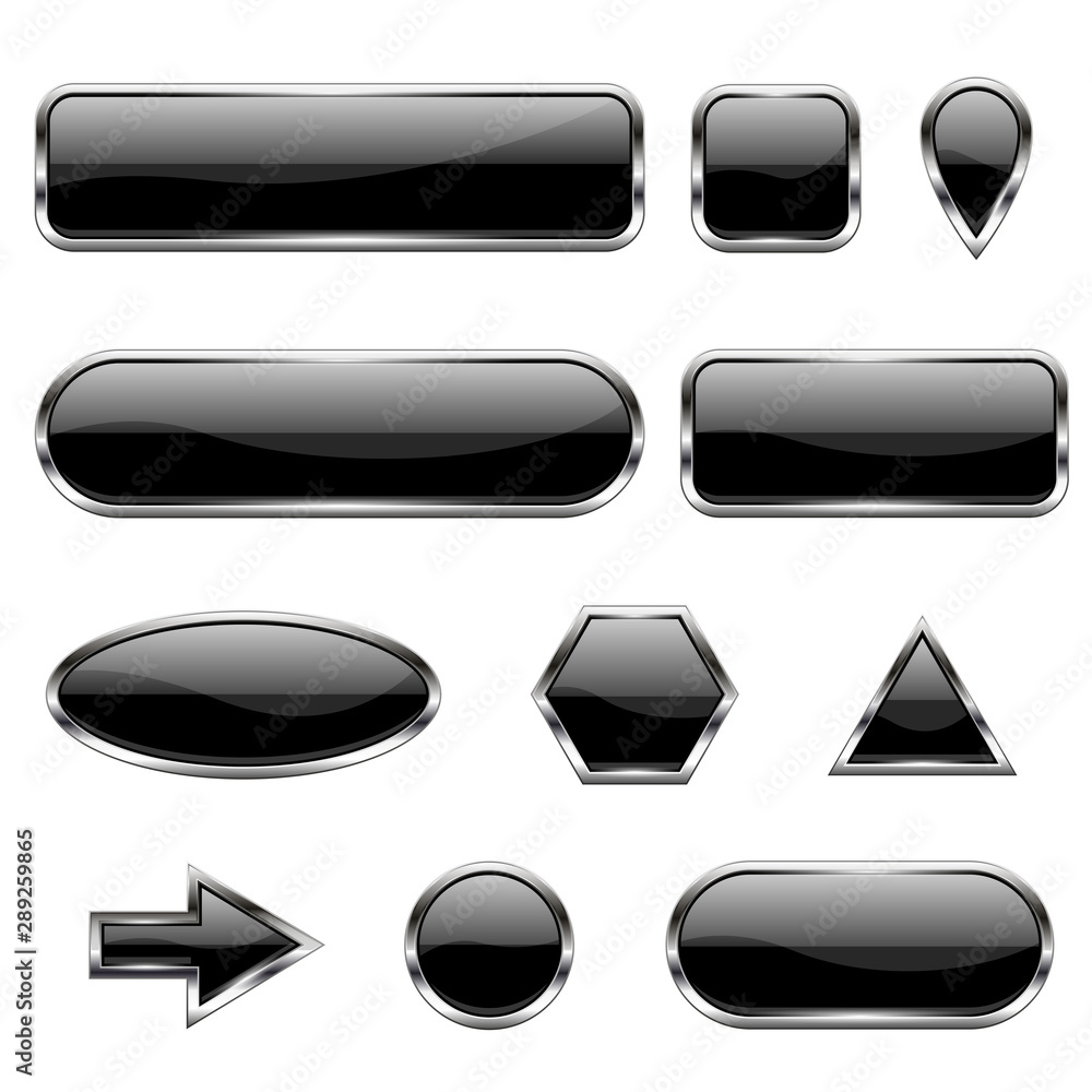 Black 3d icons. Glass shiny buttons Black 3d icons. Glass shiny buttons