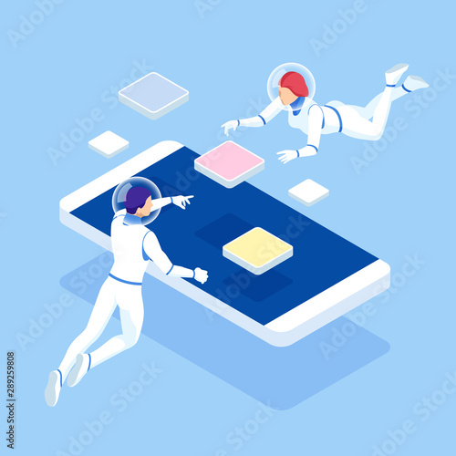 Isometric male and female astronauts fly around a smartphone. Phone promotions, messages, and spatial calls