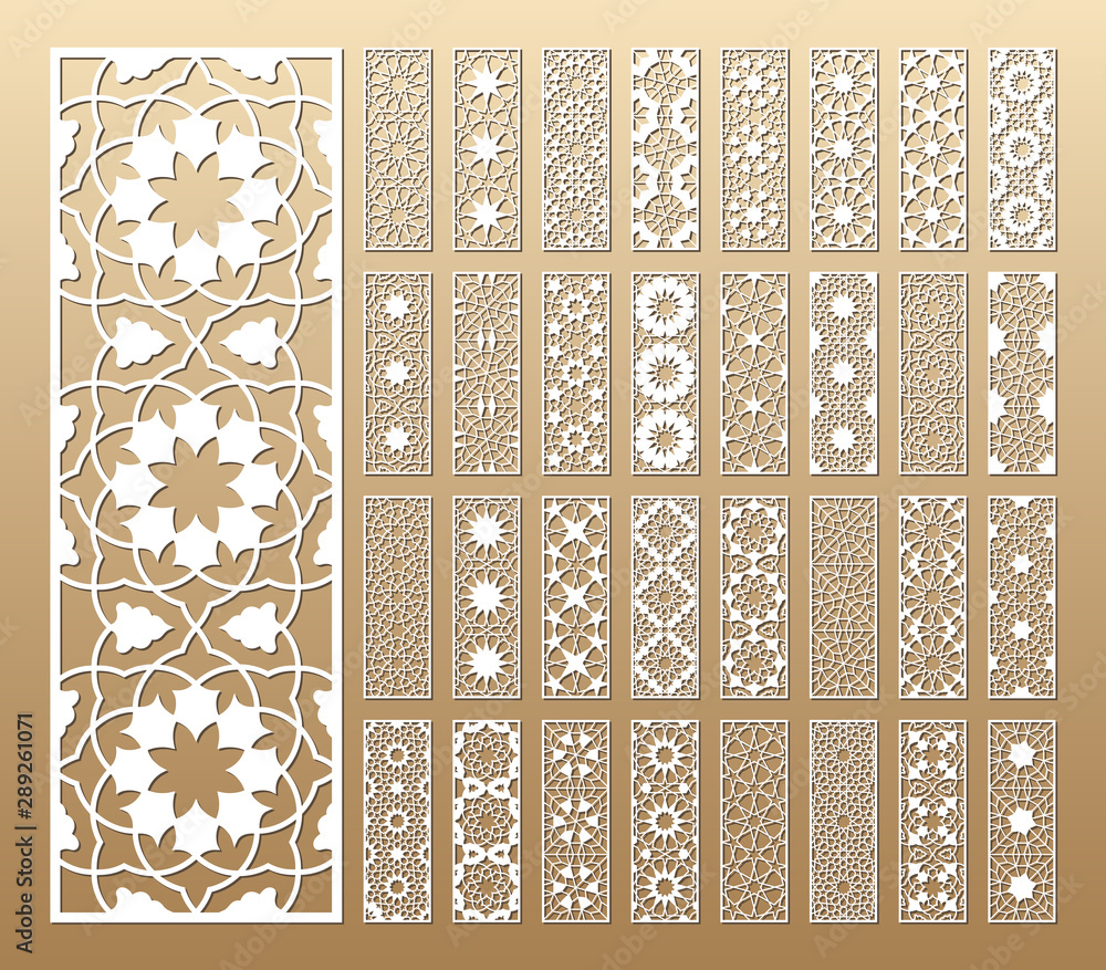 Laser cut vector panels (ratio 1:3). Cutout silhouette with geometric pattern. The set is suitable for engraving, laser cutting wood, metal, stencil manufacturing.
