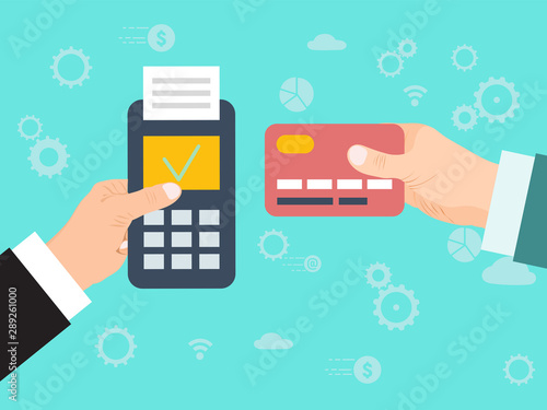 Pay merchant hand credit card vector illustration. Credit card online payment. Payment with edc mashine and credit card. Electronic funds transfer at point of sale via terminal.