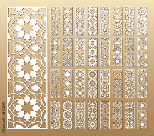 Laser cut vector panels (ratio 1:3). Cutout silhouette with geometric pattern. The set is suitable for engraving, laser cutting wood, metal, stencil manufacturing.