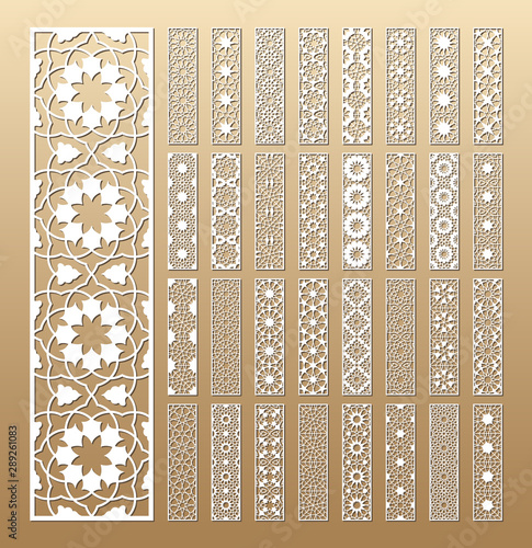 Laser cut vector panels (ratio 1:4). Cutout silhouette with geometric pattern. The set is suitable for engraving, laser cutting wood, metal, stencil manufacturing.