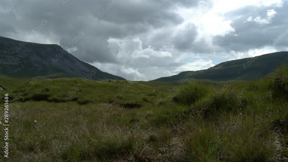 Steady, medium wide shot of a prairie, mountains and clouds. Steady, medium wide shot of a prairie, mountains and clouds.