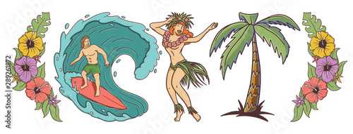 Isolated illustrations of hawaiian vegetation, dancing girl and men on surfing board.