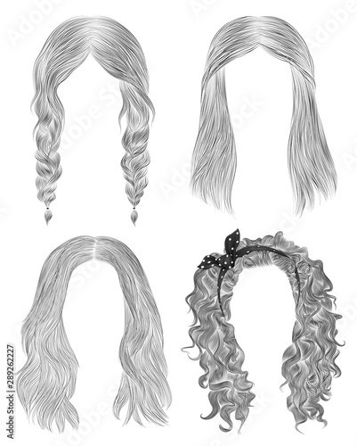 set long woman hairs  . black  pencil drawing sketch . women fashion beauty style.  fringe curls cascade  plaits bow.