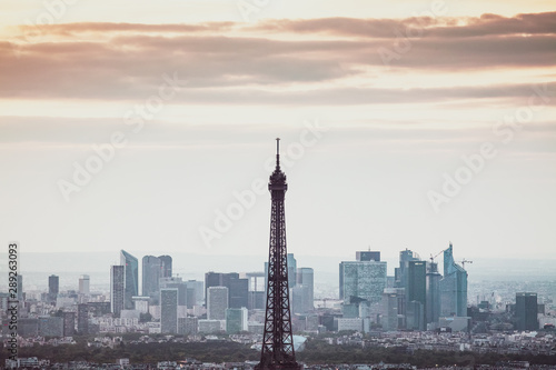 PARIS, FRANCE - MAY 6, 2018: Aerial view of Eiffel tower and Paris illuminated by night, Paris, France