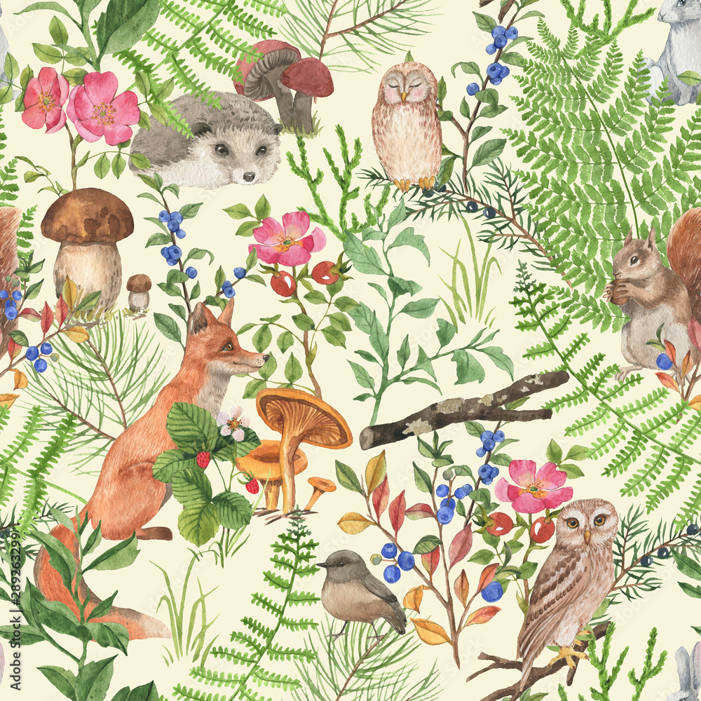 Hand drawn seamless pattern with watercolor forest animals and plants.  Pattern for kids wallpaper, wood inhabitants, cute animals Stock  Illustration | Adobe Stock