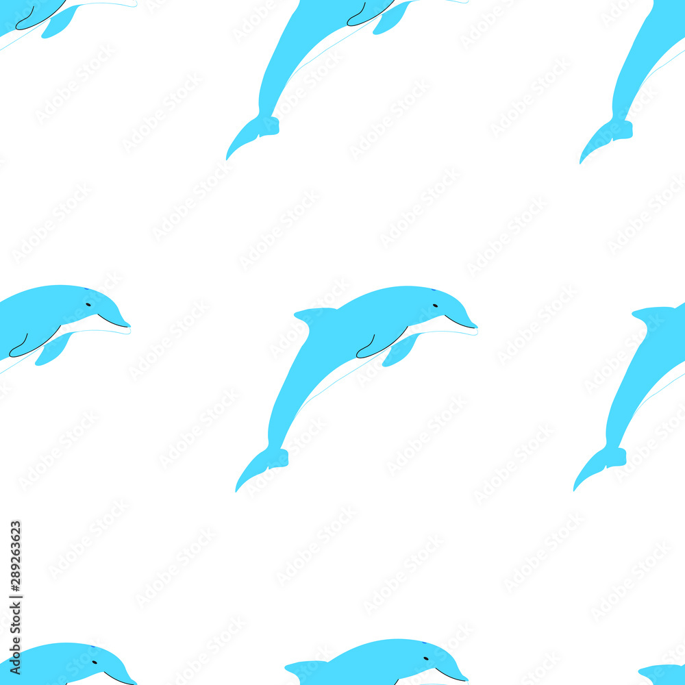 Fototapeta premium Seamless pattern. Cute cartoon blue dolphin. Background. Your design.