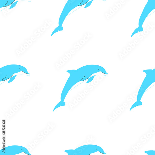 Seamless pattern. Cute cartoon blue dolphin. Background. Your design.