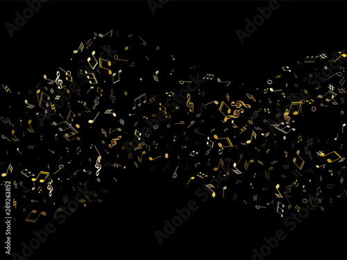 Music notes, treble clef, flat and sharp symbols flying vector design. Notation melody record classic signs. Tune composition background. Gold melody sound notes icons.